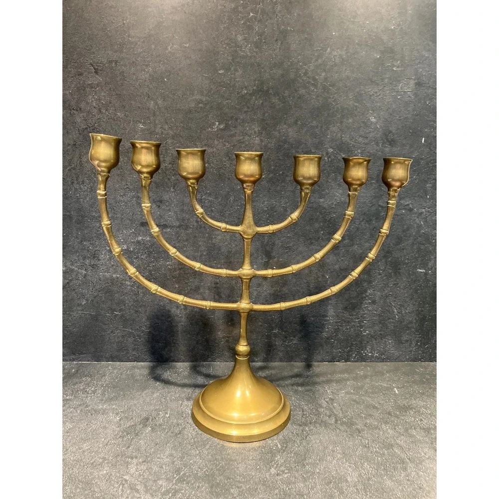 Vintage Brass 7-Arm Menorah: Bamboo‎ Style Hanukkah Candelabra